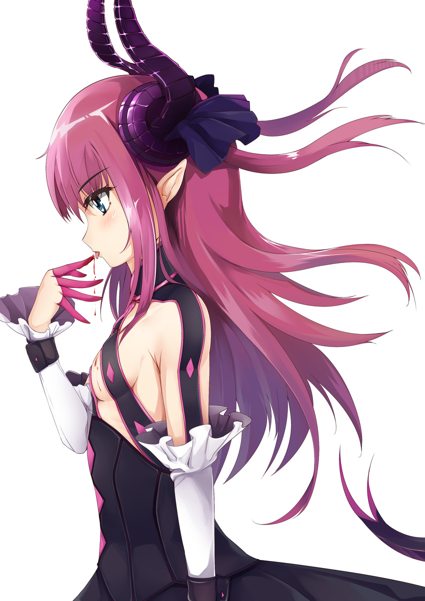 absurdres bangs black_dress blood blood_on_fingers blue_eyes blush breasts c_(pixiv3064042) curled_horns detached_sleeves dragon_tail dress elizabeth_bathory_(fate) elizabeth_bathory_(fate)_(all) eyebrows eyebrows_visible_through_hair fate/extra fate/extra_ccc fate_(series) finger_licking finger_to_mouth hair_ribbon highres horns licking long_hair pink_hair pointy_ears profile purple_ribbon ribbon sidelocks simple_background small_breasts solo tail white_background wristband