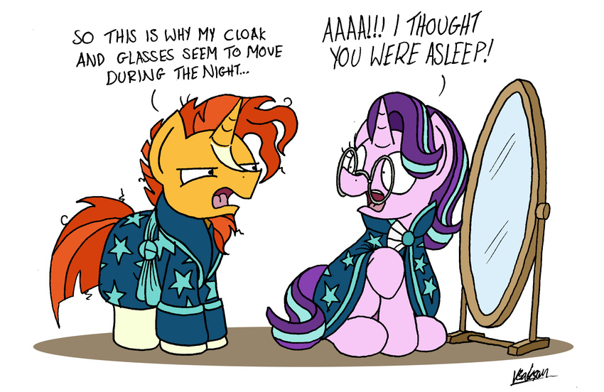 2017 bobthedalek cape clothed clothing dialogue duo english_text equine eyewear female feral friendship_is_magic fur glasses hair hi_res horn male mammal mirror multicolored_hair my_little_pony orange_fur pink_fur starlight_glimmer_(mlp) sunburst_(mlp) text two_tone_hair unicorn