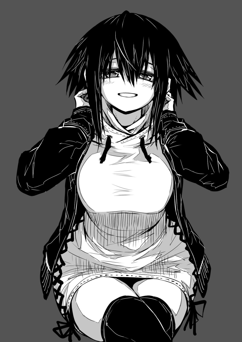 1girl :d blush breasts character_request commentary_request dress grey_background greyscale hair_between_eyes half-closed_eyes highres hood hood_down hoodie invisible_chair jacket juugoya_(zyugoya) large_breasts legs_crossed long_sleeves looking_at_viewer monochrome musuko_ga_kawaikute_shikatanai_mazoku_no_hahaoya open_mouth short_hair sidelocks simple_background sitting smile solo sweater sweater_dress thighhighs