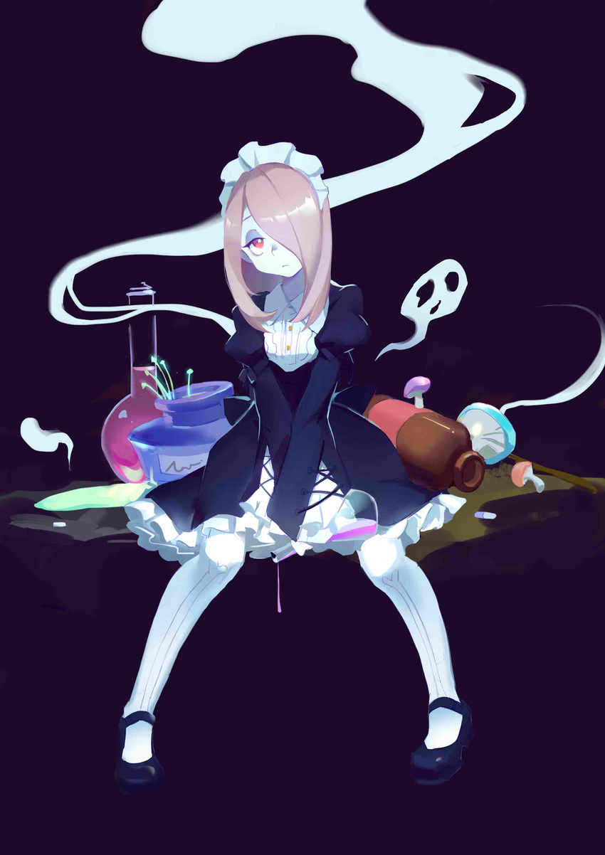 absurdres alternate_costume beaker brown_hair enmaided gothic_lolita gradient gradient_background hair_over_one_eye highres little_witch_academia lolita_fashion looking_at_viewer maid mi_lu-zi mushroom pale_skin pantyhose red_eyes shoes solo sucy_manbavaran white_legwear