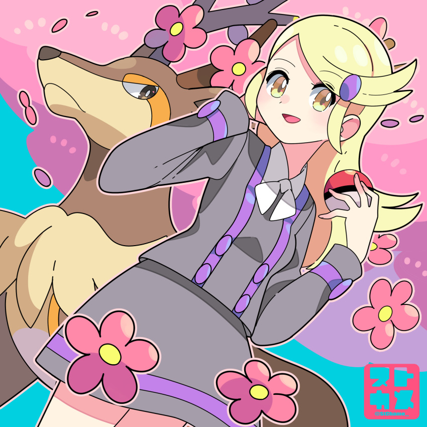 1girl :d ace_trainer_(pokemon) blonde_hair buttons commentary_request falling_petals flower hands_up happy highres holding holding_poke_ball long_hair long_sleeves open_mouth petals pink_flower poke_ball poke_ball_(basic) pokemon pokemon_(creature) pokemon_xy sawsbuck shirt skirt smile sutokame swept_bangs yellow_eyes