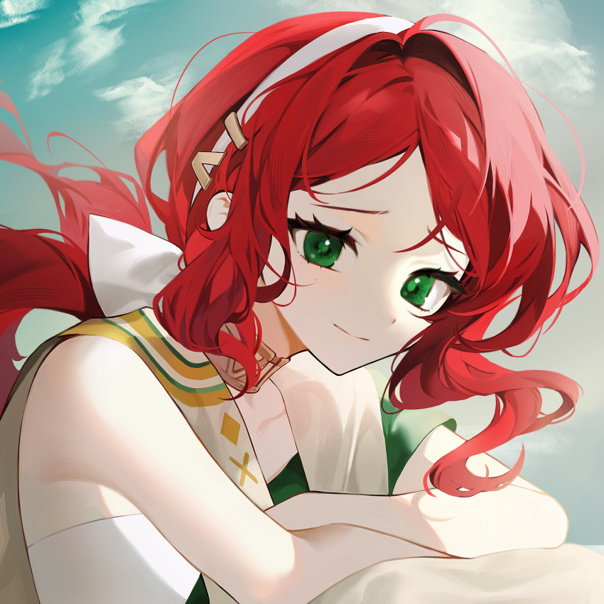 absurdres ancient_greek_clothes blue_sky bow cheongdan_t closed_mouth cloud crossed_arms frilled_bow frills greco-roman_clothes green_eyes hairband highres long_hair looking_at_viewer low_ponytail red_hair reverse:1999 sky smile sophia_(reverse:1999) white_hairband