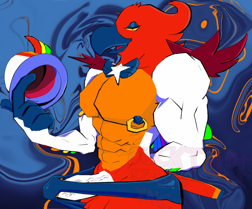 6:5 abs abstract_background anthro aroused aroused_smile avian big_muscles bird clothing demon ducktape_lizard_inc european_mythology genitals greek_mythology hands_behind_back large_pecs lgbt_pride looking_at_viewer looking_seductive magician magician_hat male muscular muscular_male mythological_avian mythological_bird mythological_creature mythological_firebird mythology nipple_piercing nipple_ring nipples penis phenex_(kings_of_hell) phoenix piercing pride_colors rainbow_pride_colors ring_piercing solo speedo swimwear thick_thighs vein veiny_penis