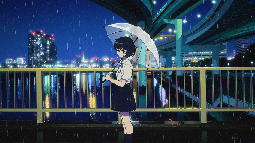 1girl black_hair black_skirt black_socks blue_eyes blue_ribbon bridge city_lights collared_shirt feet_out_of_frame from_side highres holding holding_umbrella legs_together looking_at_viewer neck_ribbon night nkymyura original outdoors overpass own_hands_together pleated_skirt railing rain ribbon shirt short_hair short_sleeves sidelocks sideways_glance skirt skyline socks solo transparent transparent_umbrella umbrella white_shirt