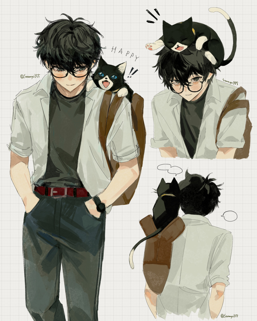 ! !! 1boy absurdres amamiya_ren animal_on_head bag belt black_pants black_shirt buckle cat cat_on_head collared_shirt denim grid_background hands_in_pockets highres jeans male_focus multiple_views notice_lines on_head open_clothes open_shirt pants persona persona_5 red_belt saamyo355 shirt short_sleeves simple_background tote_bag twitter_username watch white_background white_shirt wristwatch