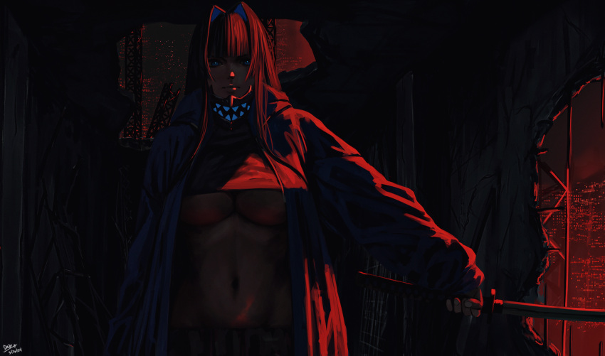 1girl arm_at_side blue_eyes blunt_bangs breasts broken_wall closed_mouth coat crop_top dark expressionless hair_intakes highres holding holding_sword holding_weapon hololive hololive_english katana large_breasts lips long_hair long_sleeves looking_at_viewer lowleg midriff navel no_bra open_clothes open_coat open_mouth ouro_kronii outstretched_arm sleeves_past_wrists solo steb stomach sword underboob upper_body virtual_youtuber weapon