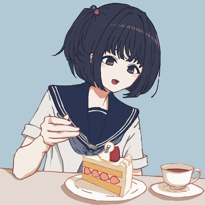 1girl :d amemori_sayo arm_at_side black_eyes black_hair blue_background blue_sailor_collar cake commentary_request cup drink food fork fruit grey_neckerchief highres holding holding_fork looking_down neckerchief nijisanji nkymyura open_mouth plate sailor_collar saucer school_uniform shirt short_hair short_sleeves sidelocks simple_background smile solo strawberry strawberry_shortcake table tea teacup virtual_youtuber white_shirt