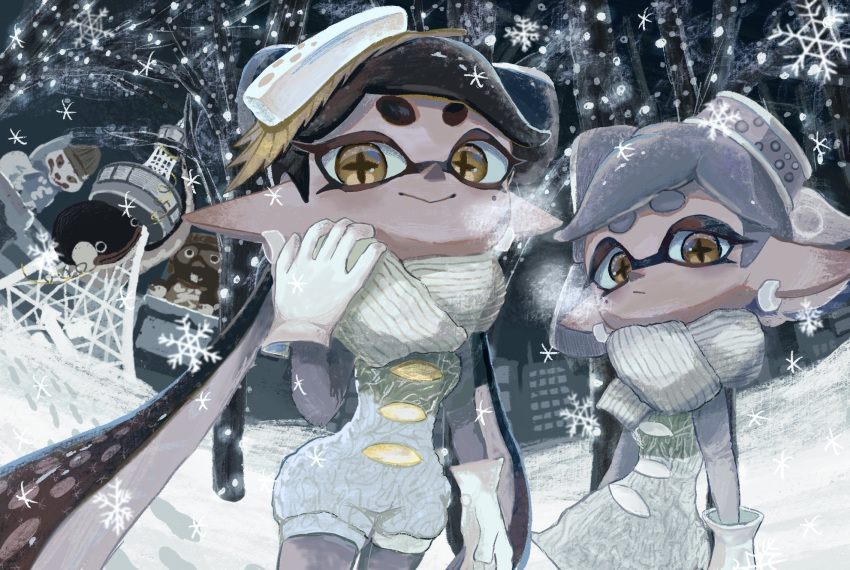 2girls :&gt; :/ adjusting_scarf arm_at_side arms_at_sides black_hair bow-shaped_hair breath callie_(splatoon) closed_mouth commentary_request cowboy_shot dress earrings gloves grey_dress grey_hair grey_jumpsuit grey_pantyhose highres hoop_earrings ikura_tuna inkling jewelry jumpsuit long_hair looking_at_viewer marie_(splatoon) mole mole_under_eye multiple_girls official_alternate_costume orange_pupils outdoors pantyhose pointy_ears scarf short_hair sleeveless sleeveless_dress smile snow snowflakes snowing splatoon_(series) splatoon_3 star-shaped_pupils star_(symbol) statue symbol-shaped_pupils tentacle_hair tower tree twintails white_gloves white_scarf winter yellow_eyes zapfish