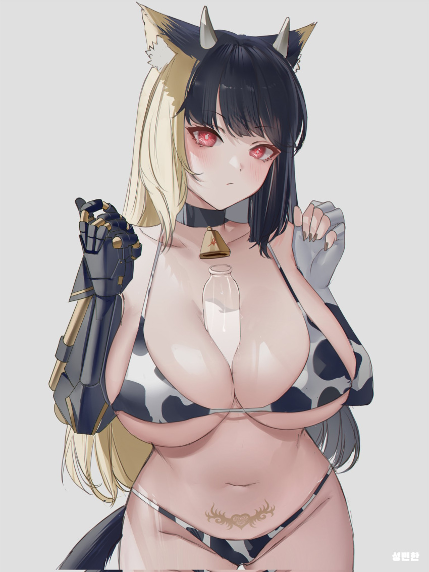 1girl animal_ear_fluff animal_ears animal_print bell between_breasts bikini black_choker black_hair blonde_hair blush bottle breasts choker closed_mouth commentary copyright_request cow_horns cow_print cowbell fingerless_gloves gloves grey_background hands_up highres horns huge_breasts long_hair looking_at_viewer mechanical_arms milephunter milk_bottle multicolored_hair nail_polish navel neck_bell print_bikini pubic_tattoo red_eyes simple_background single_glove single_mechanical_arm solo stomach straight_hair swimsuit symbol-only_commentary tail tattoo two-tone_hair yellow_nails