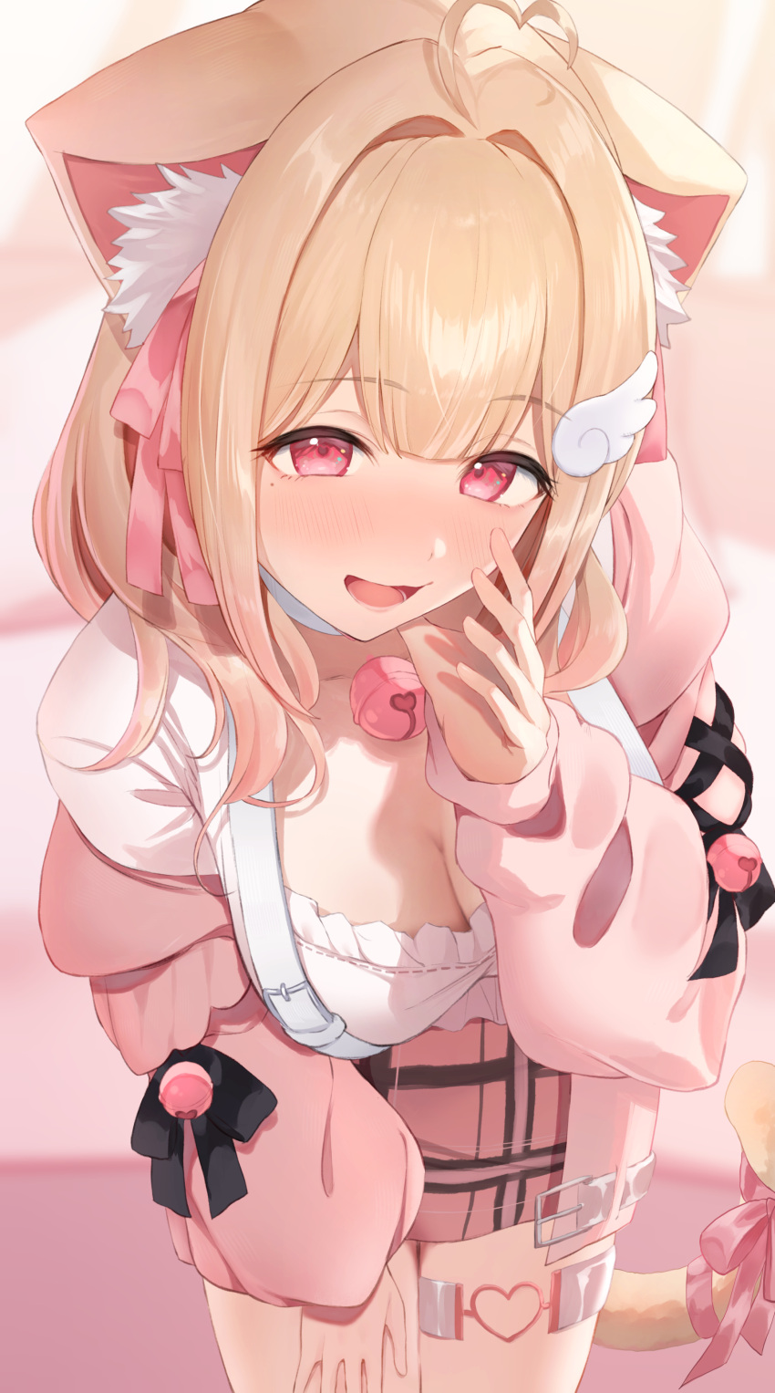 1girl absurdres animal_ear_fluff animal_ears bell blonde_hair blush breasts cat_ears cat_girl cat_tail cleavage hand_on_own_thigh hashtag_only_commentary heart_o-ring highres jacket kemomimi_refle! large_breasts leaning_forward long_sleeves looking_at_viewer miniskirt mole mole_under_eye neck_bell nekoma_karin open_mouth pink_eyes pink_jacket pink_skirt plaid plaid_skirt puffy_long_sleeves puffy_sleeves ray_mil68 shirt short_hair skirt smile solo tail thigh_strap virtual_youtuber white_shirt wing_hair_ornament