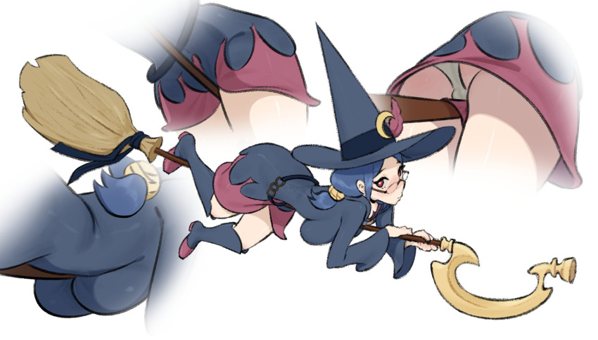 1girl ass belt between_legs blue_belt blue_dress blue_footwear blue_hair blue_headwear blush boots breasts bright_pupils broom broom_ribbon broom_riding cameltoe closed_mouth crescent crescent_hat_ornament dress from_below glasses gurumo_(twitter) hat hat_ornament hat_ribbon highres large_breasts little_witch_academia long_hair long_sleeves looking_at_viewer low-tied_long_hair multiple_views panties red_dress red_eyes red_footwear ribbon rimless_eyewear sidelocks straight_hair thick_thighs thighs two-tone_dress two-tone_footwear underwear upskirt ursula_charistes white_background white_panties white_pupils wide_sleeves witch_hat