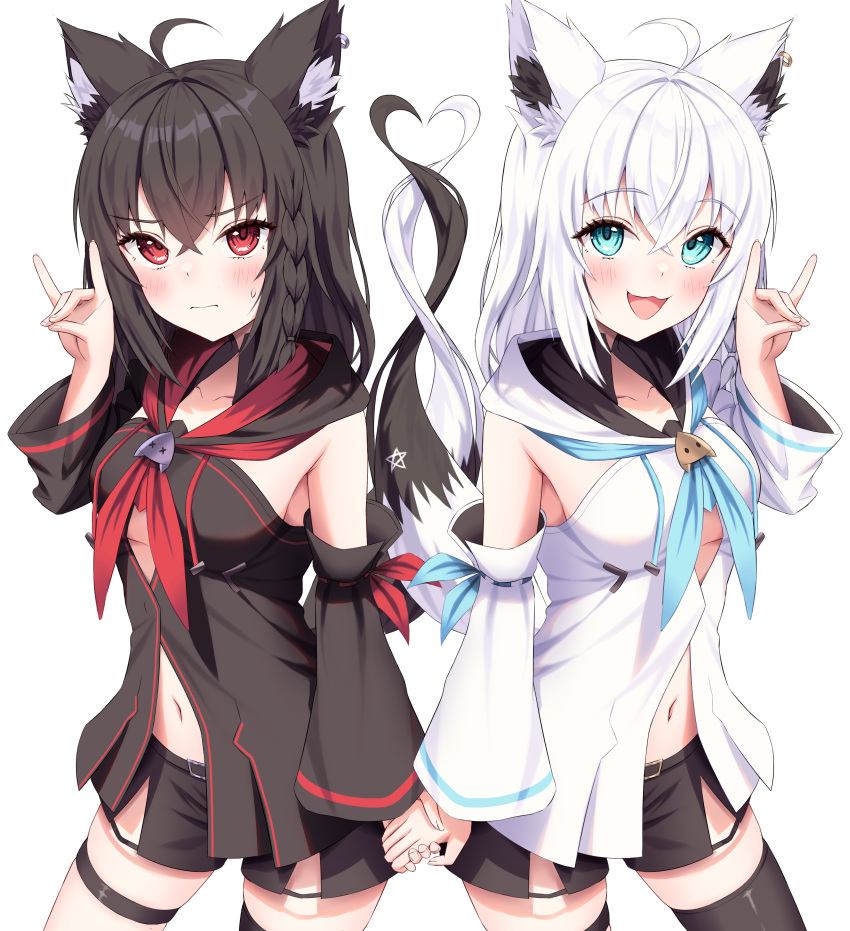 2girls :3 :d absurdres ahoge animal_ear_fluff animal_ears aqua_eyes armpit_peek belt_buckle black_hair black_shorts black_sleeves black_thighhighs black_vest blue_neckerchief blush braid breasts buckle closed_mouth collarbone commentary_request cowboy_shot detached_sleeves ear_piercing fox_ears fox_girl fox_shadow_puppet fox_tail front_slit hair_between_eyes highres holding_hands hololive hood hooded_vest hoodie intertwined_tails kumoru_(kumoru_145) kurokami_fubuki long_hair looking_at_viewer medium_breasts midriff_peek multiple_girls navel neckerchief open_mouth pentagram piercing red_eyes red_neckerchief shirakami_fubuki shirakami_fubuki_(1st_costume) short_shorts shorts side_braid simple_background single_thighhigh skindentation smile sweatdrop tail thigh_strap thighhighs vest virtual_youtuber white_background white_hair white_sleeves white_vest