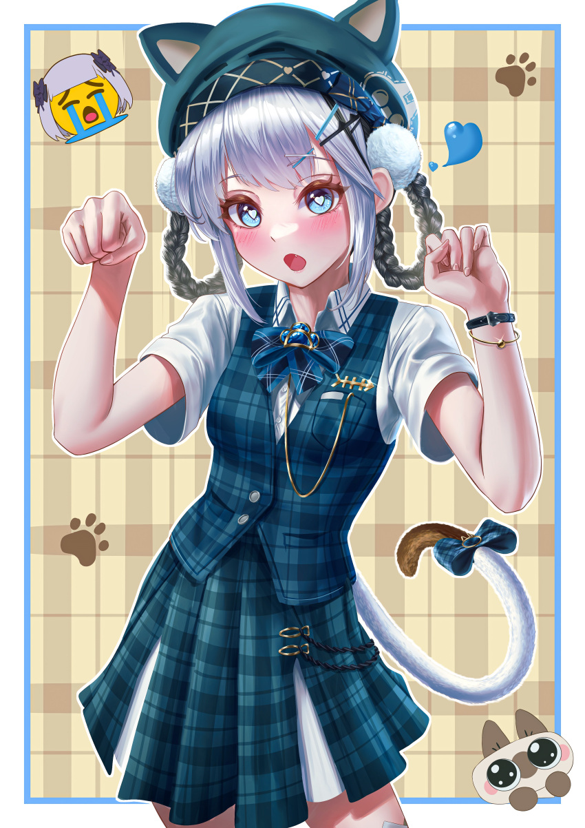 1girl absurdres animal_ear_headwear animal_ears bambinata_(punishing:_gray_raven) beret black_hair blue_hair blush braided_hair_rings cat_ears cat_tail checkered_clothes checkered_skirt crying_emoji emoji fang green_headwear green_skirt grey_hair hair_ornament hairclip hat heart heart_hair_ornament highres manjo_(warito) multicolored_hair open_mouth paw_pose pom_pom_(clothes) punishing:_gray_raven shirt short_sleeves sidelocks skirt solo tail two-tone_hair vanessa_(punishing:_gray_raven) white_hair white_shirt x_hair_ornament