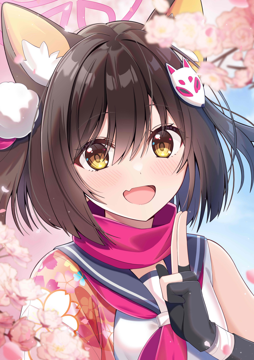 1girl absurdres animal_ear_fluff animal_ears black_gloves black_sailor_collar blue_archive blush brown_hair cherry_blossoms fang fengshen_chino fox_ears gloves hair_between_eyes halo highres izuna_(blue_archive) neckerchief open_mouth partially_fingerless_gloves pink_halo pink_neckerchief pink_scarf sailor_collar scarf short_hair skin_fang smile solo upper_body yellow_eyes