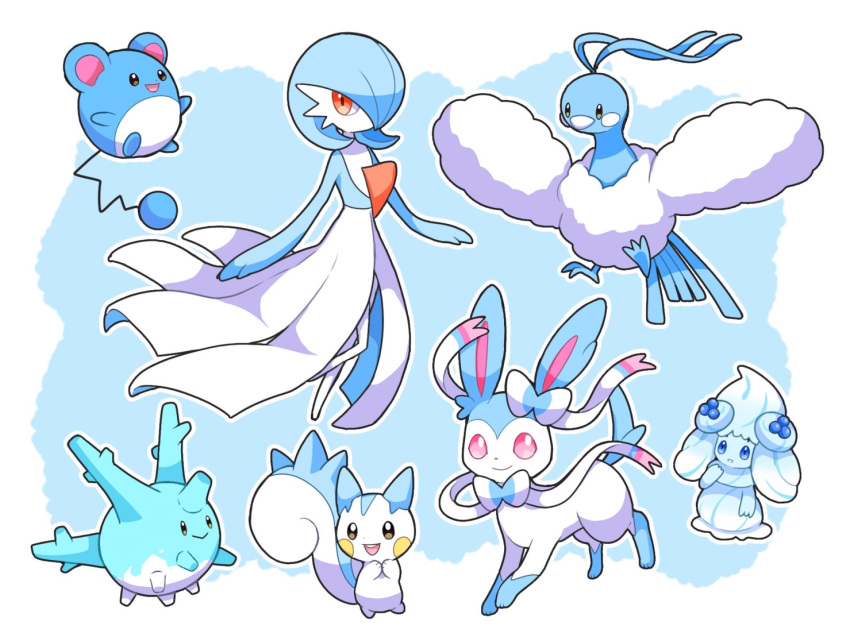 alcremie alcremie_(berry_sweet) altaria alternate_color azumarill blue_hair blueberry bob_cut bow bowtie colored_skin corsola dress food fruit gardevoir h_k225 multicolored_fur multicolored_skin open_mouth orange_eyes pachirisu pokemon pokemon_(creature) shiny_pokemon smile sylveon two-tone_fur two-tone_skin white_dress white_skin