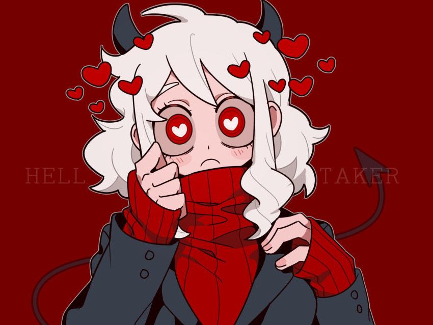 1girl black_jacket closed_mouth copyright_name demon_tail frown heart heart-shaped_pupils helltaker highres horns jacket korean_commentary long_hair long_sleeves looking_at_viewer modeus_(helltaker) red_background red_sweater simple_background sleeves_past_wrists solo straight-on sweater symbol-shaped_pupils tail unn1666 upper_body white_hair