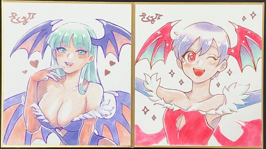 2girls bare_shoulders blush breasts bridal_gauntlets cleavage close-up clothing_cutout collarbone demon_girl diamond_cutout flat_chest green_eyes green_hair head_wings heart heart_cutout highres large_breasts lilith_aensland morrigan_aensland multiple_girls one_eye_closed purple_eyes red_eyes scan shikishi signature skm_nnm sparkle vampire_(game) wings