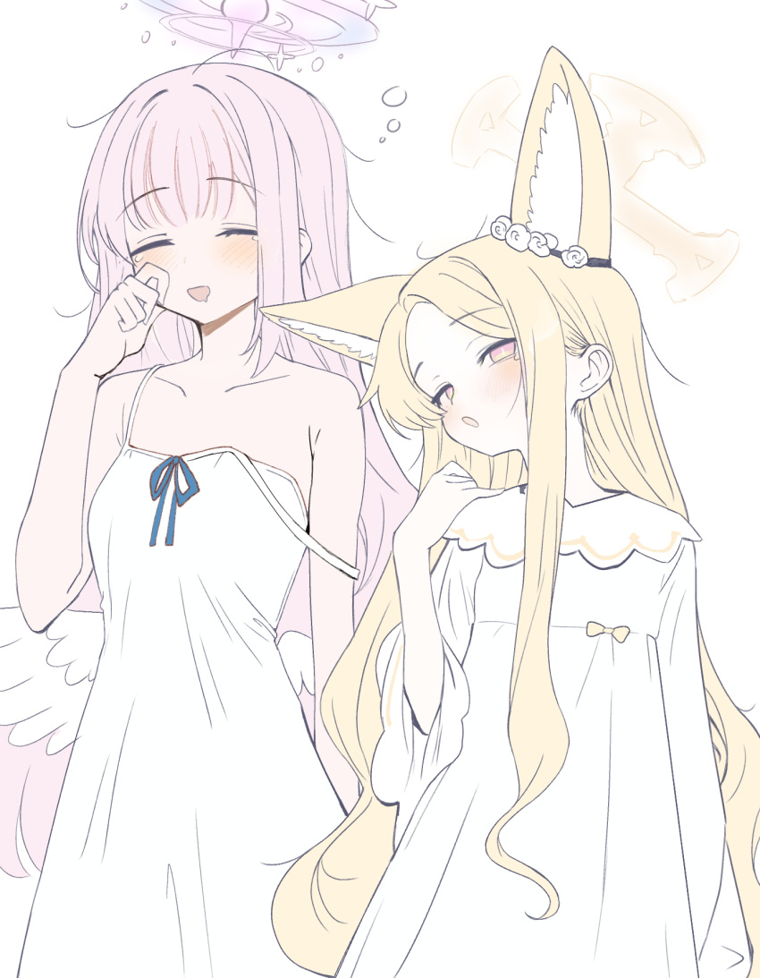 2girls angel_wings animal_ear_fluff animal_ears blonde_hair blue_archive blush camisole closed_eyes collarbone extra_ears feathered_wings fox_ears halo highres long_hair mika_(blue_archive) multiple_girls open_mouth pajamas pink_hair pink_halo ran_(bearsoymilk) seia_(blue_archive) simple_background white_background white_camisole white_pajamas white_wings wings yellow_eyes yellow_halo