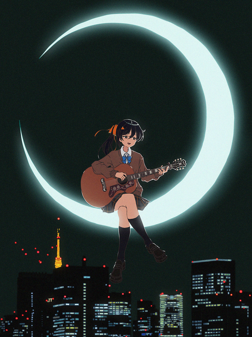 1girl :d black_eyes black_hair black_skirt black_socks blue_bow blue_bowtie bow bowtie brown_footwear brown_sweater building city_lights collared_shirt crescent_moon crossed_legs guitar hair_between_eyes highres holding holding_instrument indie_virtual_youtuber instrument kneehighs loafers long_hair moon music nagase_yuka night nkymyura on_moon open_mouth outdoors plaid plaid_skirt playing_instrument pleated_skirt ponytail shirt shoes sidelocks sitting skirt skyscraper smile socks solo sweater v-neck virtual_youtuber white_shirt