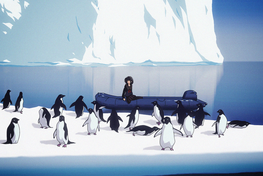 1girl :d adelie_penguin amemori_sayo bird black_hair black_pantyhose black_sailor_collar black_serafuku black_shirt black_skirt blue_sky boat clear_sky closed_eyes day facing_animal glacier highres horizon ice landscape long_sleeves miniskirt nature neckerchief nijisanji nkymyura open_mouth outdoors pantyhose penguin pleated_skirt red_neckerchief reflection reflective_water sailor_collar scenery school_uniform serafuku shirt short_hair sidelocks skirt sky smile solo very_wide_shot virtual_youtuber watercraft