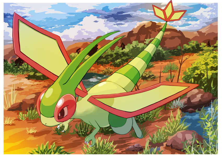animal_focus antennae bare_tree blue_sky border bush claws cloud colored_skin commentary_request flygon flying grass green_skin hazikamiio highres no_humans outdoors outside_border pokemon pokemon_(creature) rock sky tail tree white_border wings