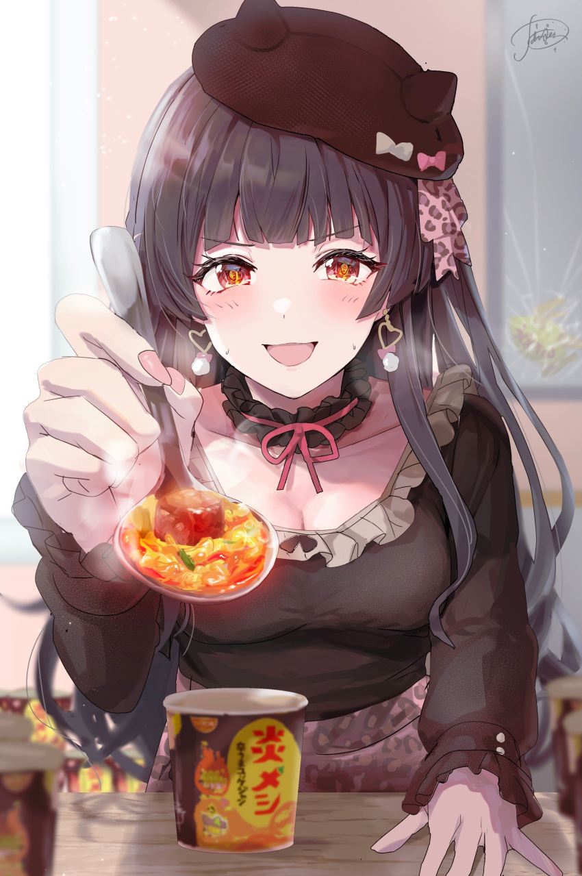 1girl absurdres black_hair black_headwear black_shirt blush breasts choker cleavage commentary_request earrings fake_horns feeding fingernails frilled_choker frilled_shirt frills heart heart_earrings highres holding holding_spoon horned_headwear horns idolmaster idolmaster_shiny_colors incoming_food indoors jewelry looking_at_viewer mayuzumi_fuyuko medium_breasts nail_polish powder_is_kona shirt signature smile solo spoon steam