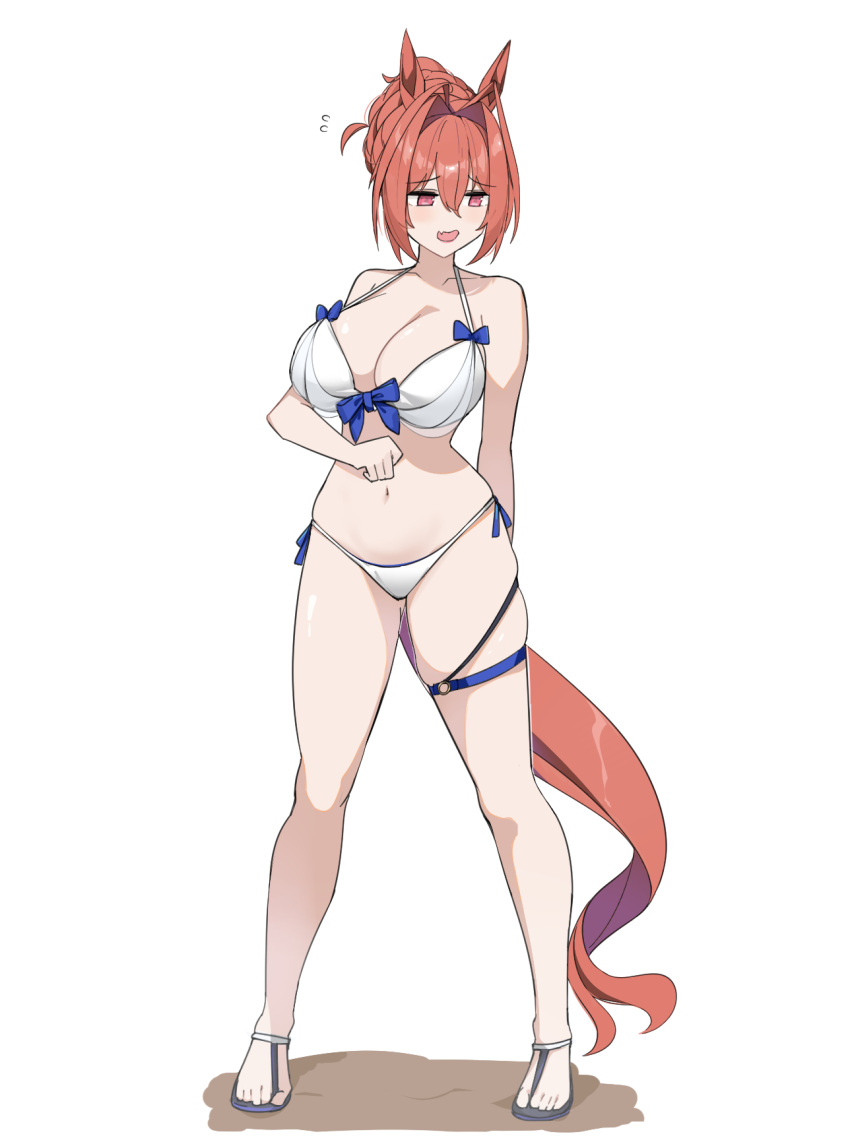 1girl alternate_costume animal_ears antenna_hair bare_shoulders bikini blush breasts cleavage collarbone commentary_request daiwa_scarlet_(umamusume) flying_sweatdrops full_body hair_bun hair_intakes highres horse_ears horse_girl horse_tail keycccat large_breasts navel red_eyes red_hair sandals short_hair side-tie_bikini_bottom simple_background solo swimsuit tail thigh_strap umamusume white_background white_bikini