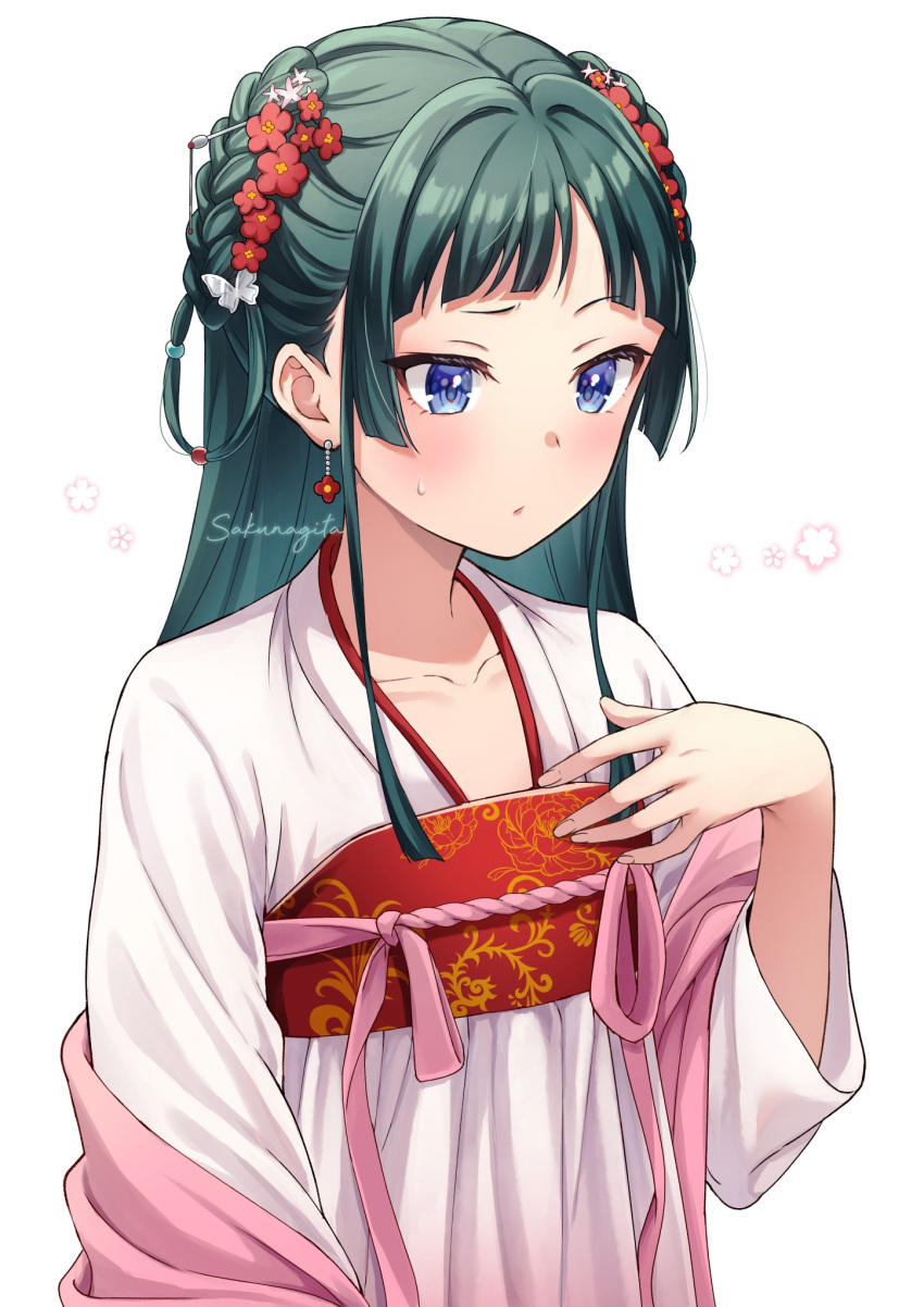 1girl :o arm_at_side blue_eyes blush chinese_clothes collarbone dangle_earrings dress earrings flower green_hair hair_flower hair_intakes hair_ornament hand_on_own_chest hanfu highres jewelry kusuriya_no_hitorigoto long_hair long_sleeves looking_ahead maomao_(kusuriya_no_hitorigoto) open_mouth raised_eyebrow red_flower sakunagita short_bangs sidelocks signature solo straight_hair sweatdrop upper_body white_dress