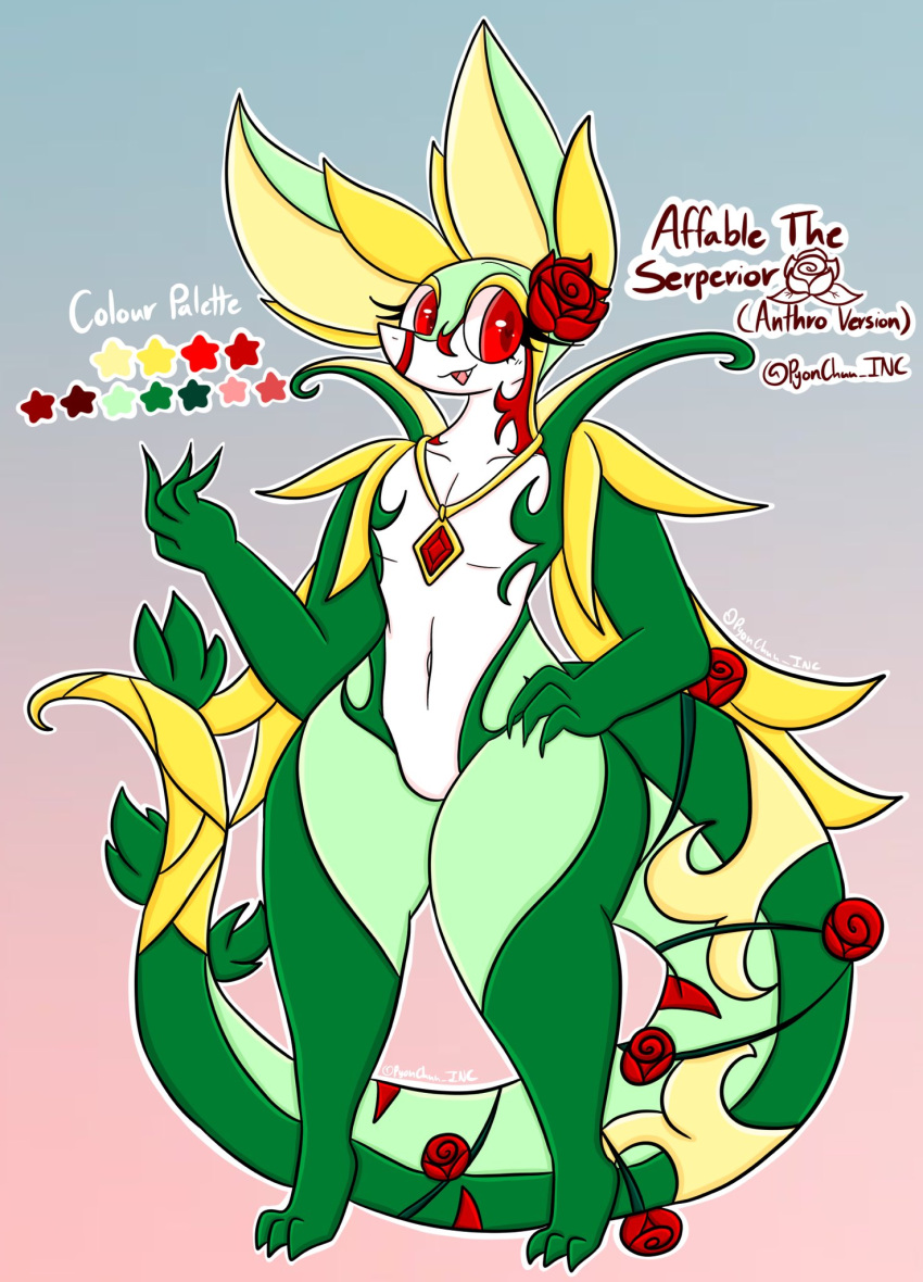 3_toes accessory anthro collar english_text feet flower flower_in_hair gem generation_5_pokemon green_body hair hair_accessory hi_res lewdchuu_(artist) male model_sheet navel nintendo plant pokemon pokemon_(species) red_eyes serperior smile solo tail text toes