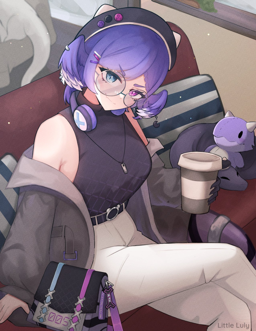 1girl alternate_costume artist_name bag belt black_belt black_headwear black_sweater blue_eyes breasts brown_coat casual coat coffee_cup crossed_legs cup disposable_cup dragoon_(selen_tatsuki) drink feet_out_of_frame from_above glasses hair_ornament hairclip hat head_wings headphones headphones_around_neck heterochromia highres holding holding_drink indoors jewelry little_luly looking_at_viewer medium_breasts necklace nijisanji nijisanji_en pants purple_eyes purple_hair round_eyewear selen_tatsuki short_hair sitting sleeveless sleeveless_sweater smile solo stuffed_toy sweater sweater_tucked_in virtual_youtuber white_pants wings