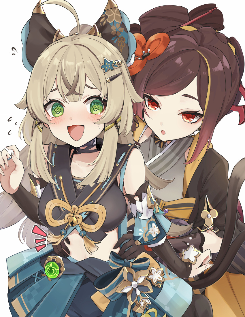 2girls @_@ animal_ears black_gloves blonde_hair brown_hair brown_tank_top cat_ears chiori_(genshin_impact) crossed_bangs emphasis_lines flying_sweatdrops genshin_impact gloves green_eyes grey_kimono hair_ornament hair_stick hands_on_another's_stomach highres japanese_clothes kimono kirara_(genshin_impact) long_hair multicolored_hair multiple_girls multiple_tails nekomata open_mouth red_eyes simple_background skirt tail tank_top two_tails ura_(hamburg_oniku)