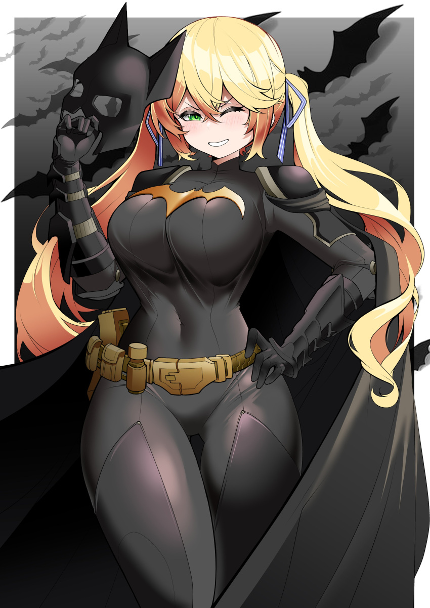 1girl absurdres batman batman_(cosplay) batman_(series) black_bodysuit blonde_hair bodysuit cosplay covered_navel dc_comics dokibird_(vtuber) green_eyes grin hand_on_own_hip highres holding holding_mask indie_virtual_youtuber mask one_eye_closed parted_lips saltnvalk smile solo teeth twintails virtual_youtuber