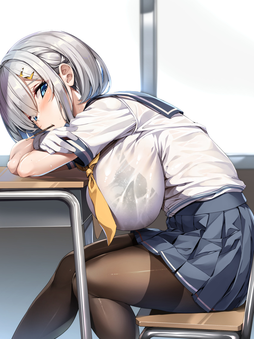 1girl absurdres black_pantyhose blue_eyes blush bra_visible_through_clothes breasts desk food gloves grey_hair hair_ornament hair_over_one_eye hairclip hamakaze_(kancolle) highres impossible_clothes impossible_shirt kantai_collection large_breasts looking_at_viewer mouth_hold neckerchief pantyhose pleated_skirt pocky school_desk school_uniform see-through see-through_shirt serafuku shirt short_hair short_sleeves sitting skirt solo torisan wet wet_clothes white_gloves