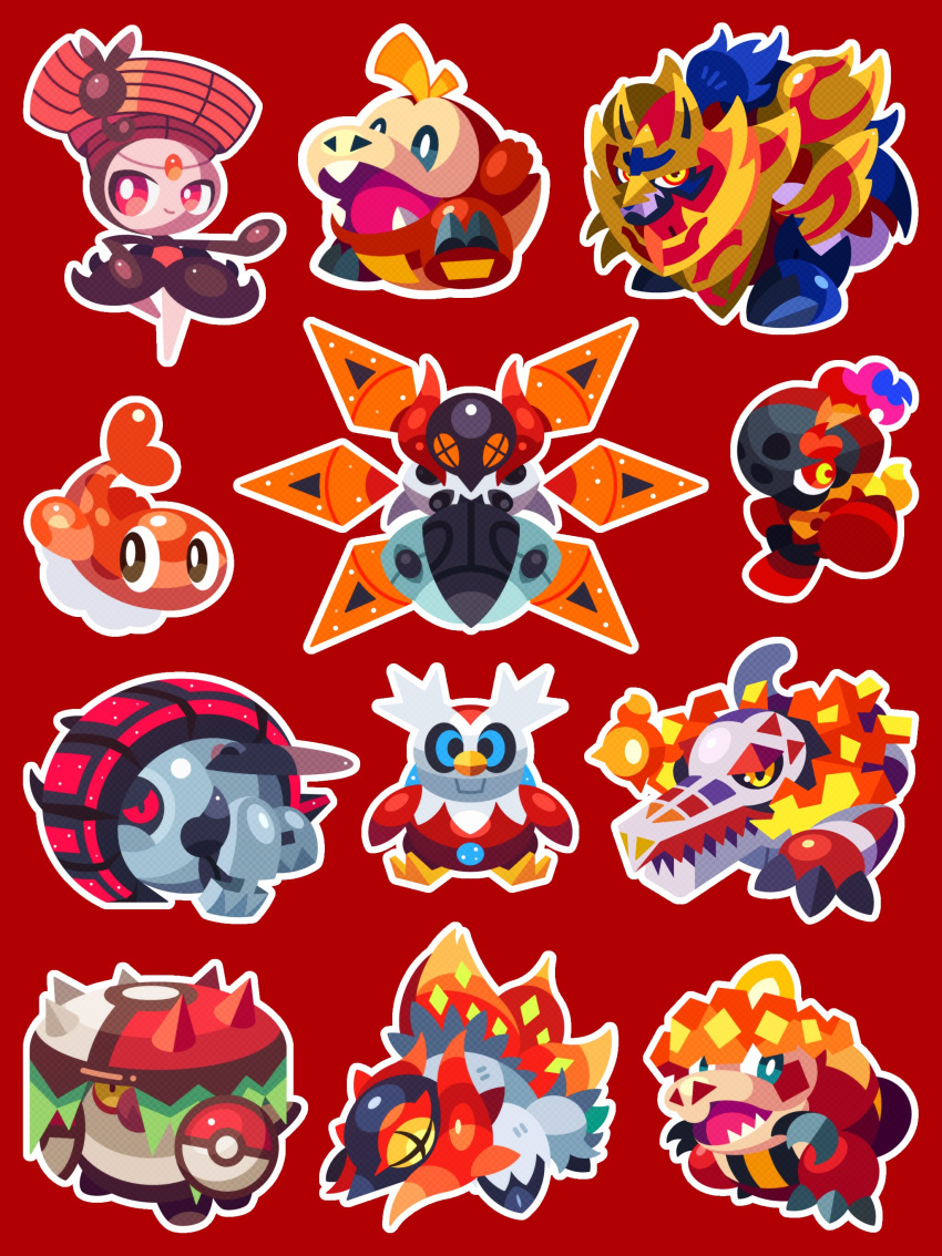 absurdres brute_bonnet charcadet claws commentary crocalor crocodilian cross-shaped_pupils delibird detached_wings fangs fire fish fuecoco highres iron_moth iron_treads meloetta meloetta_(pirouette) multiple_wings no_humans open_mouth pokemon pokemon_(creature) red_background red_eyes shichi_(7cube_ori) simple_background skeledirge skin_fangs symbol-shaped_pupils tatsugiri tatsugiri_(curly) volcarona white_fur wings wolf yellow_eyes zamazenta zamazenta_(crowned)