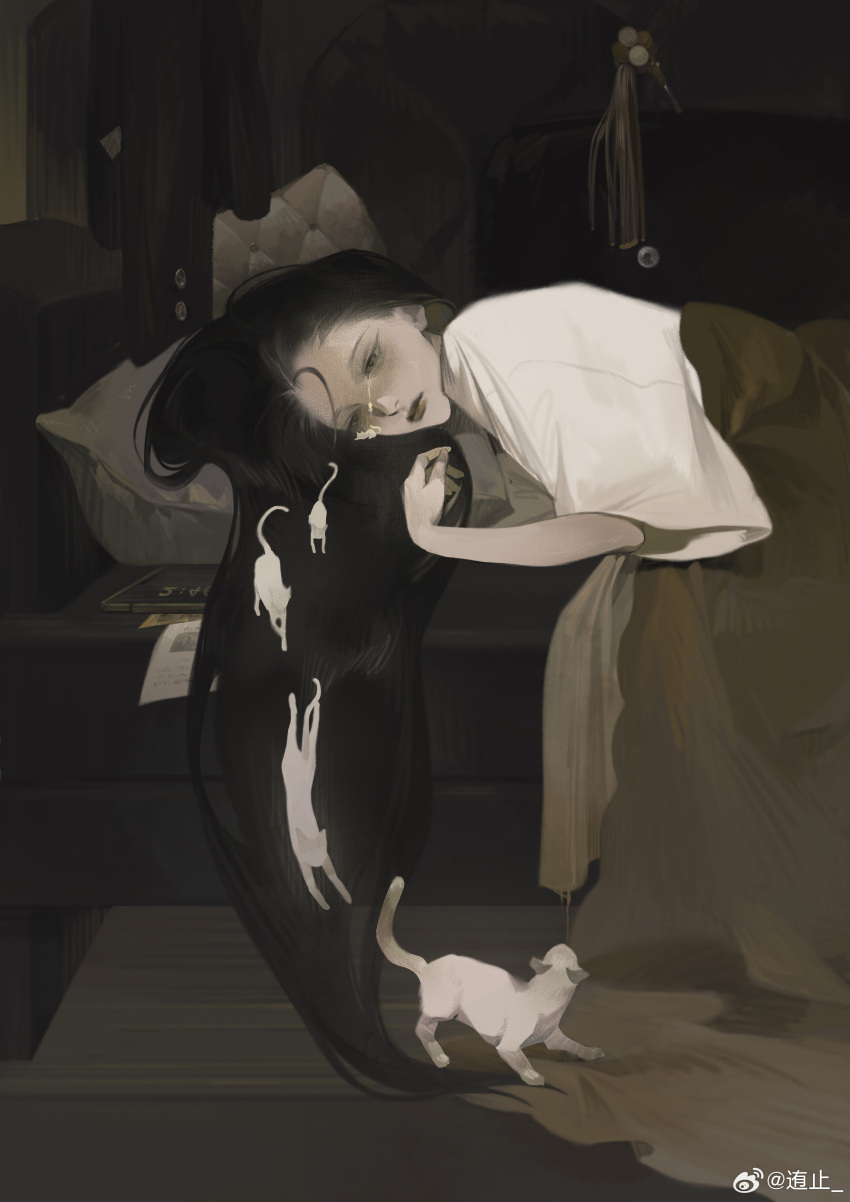 1girl absurdres black_background black_hair blanket cat couch highres indoors long_hair looking_at_viewer lying on_side original parted_lips pillow shirt solo tassel very_long_hair weibo_logo weibo_username white_cat white_shirt wide_sleeves youzhi
