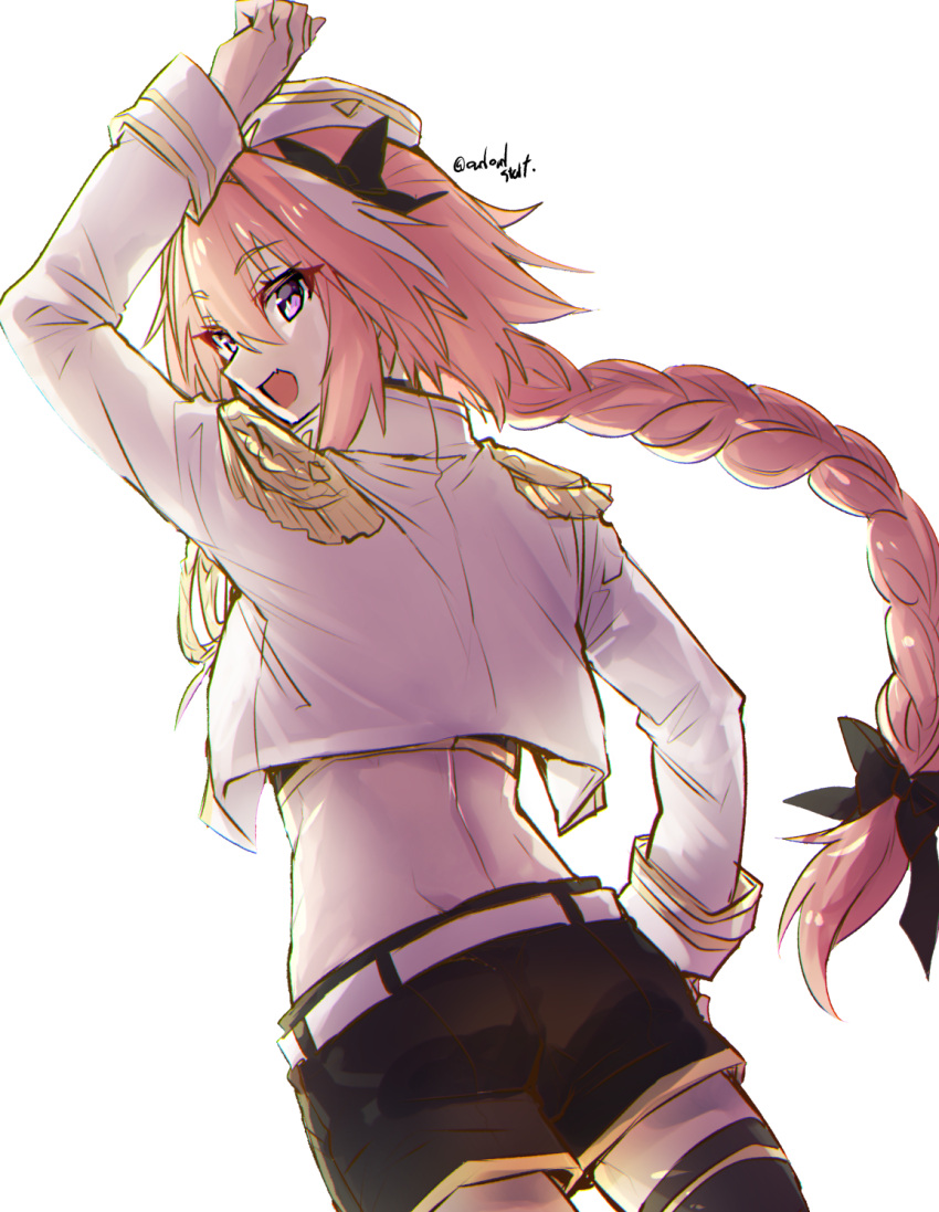 arm_up astolfo_(fate) astolfo_(type-moon_racing)_(fate) black_bow black_shirt black_shorts black_thighhighs bow braid cowboy_shot crop_top cropped_jacket epaulettes fate/apocrypha fate_(series) from_behind hair_between_eyes hair_bow hair_intakes hand_on_own_hip haoro highres jacket long_braid long_hair long_sleeves male_focus midriff multicolored_hair official_alternate_costume open_clothes open_jacket open_mouth otoko_no_ko pink_hair purple_eyes race_queen shirt shorts sidelocks simple_background single_braid smile streaked_hair thighhighs twitter_username two-tone_hair very_long_hair white_background white_headwear white_jacket zettai_ryouiki