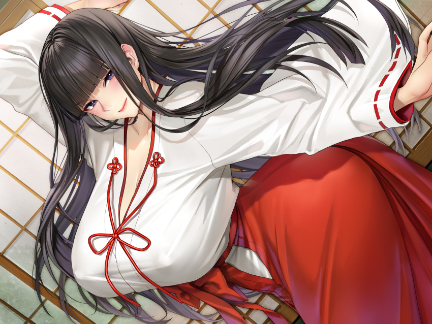 1girl absurdres ass black_hair blunt_bangs blush breasts cleavage hakama hakama_skirt highres hime_cut huge_breasts japanese_clothes kimono large_breasts long_hair looking_at_viewer masami_chie miko non-web_source original purple_eyes red_hakama robe skirt smile solo wide_sleeves