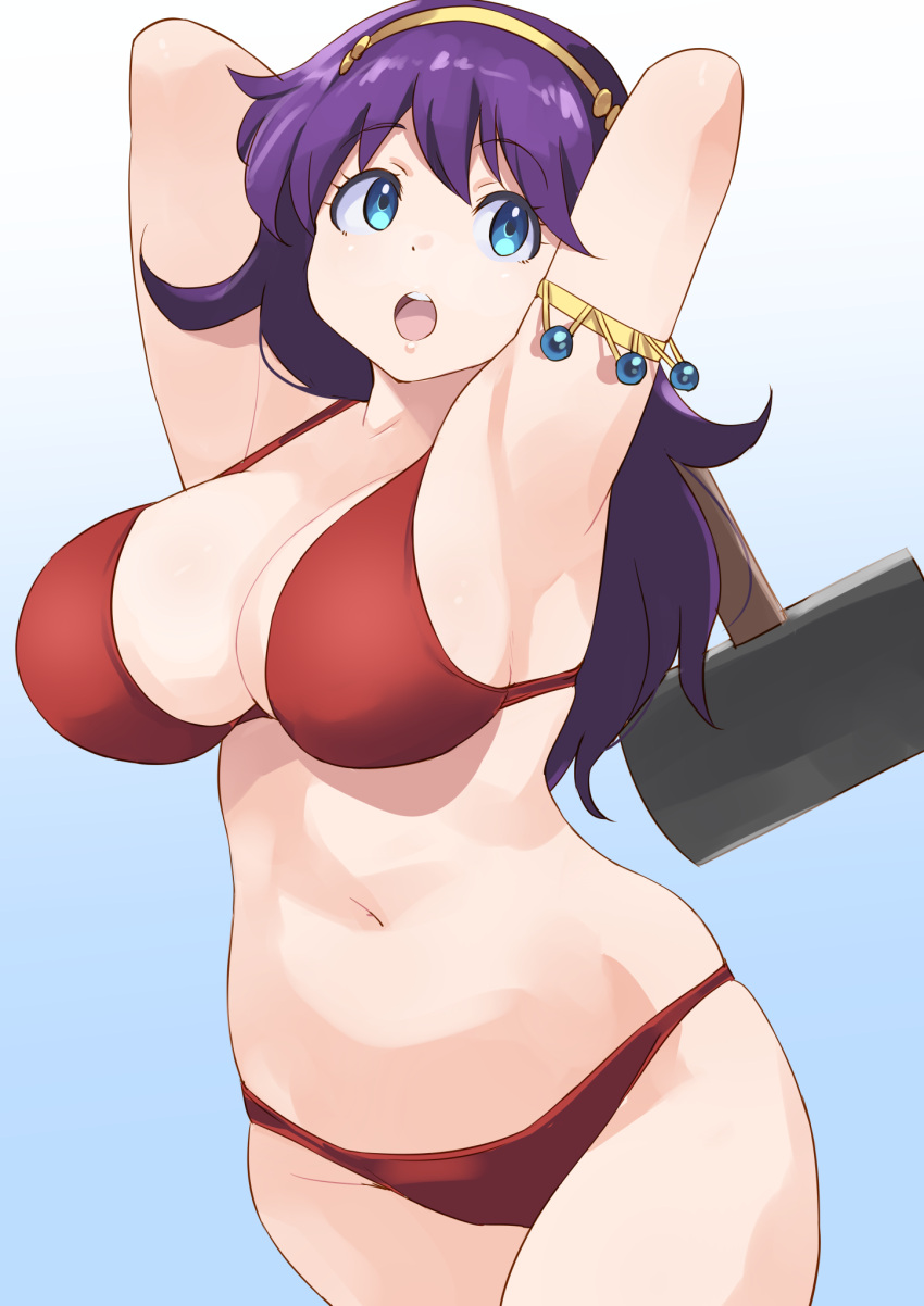 1girl armlet armpits athena_(series) bikini blue_background blue_eyes breasts cleavage cowboy_shot gradient_background hammer highres holding holding_hammer jewelry large_breasts long_hair looking_to_the_side navel nemo_(user_ryaa2474) open_mouth plump presenting_armpit princess_athena purple_hair red_bikini skindentation sledgehammer solo swimsuit thick_thighs thighs tiara