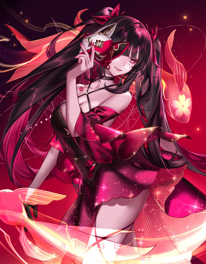 1girl absurdres artist_name bare_shoulders black_gloves black_hair breasts butterfly-shaped_pupils cherry_blossom_print cleavage commentary_request detached_sleeves dress fingernails floral_print flower_tattoo fox_mask gloves hair_ornament highres holding holding_mask honkai:_star_rail honkai_(series) koi lips long_hair looking_to_the_side mask mole mole_under_each_eye mole_under_eye multiple_moles nail_polish pink_eyes red_background red_dress red_nails red_theme ringeko-chan simple_background single_glove sleeveless sleeveless_dress smile solo sparkle sparkle_(honkai:_star_rail) symbol-shaped_pupils tattoo thighs twintails very_long_hair wide_sleeves