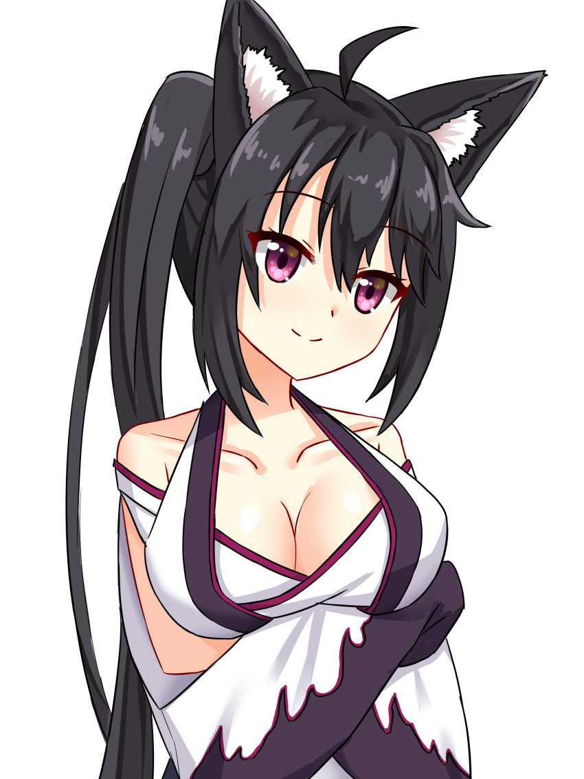 1girl ahoge animal_ear_fluff animal_ears arms_under_breasts bare_shoulders black_hair breasts cleavage closed_mouth collarbone commentary_request detached_sleeves hair_between_eyes halterneck highres hoshikawa_kaguya japanese_clothes kimono large_breasts long_hair long_sleeves looking_at_viewer no_bra purple_eyes shiny_skin side_ponytail smile solo split_mouth straight_hair tamba_i tenshi_souzou_re-boot! tsurime upper_body very_long_hair white_kimono wide_sleeves