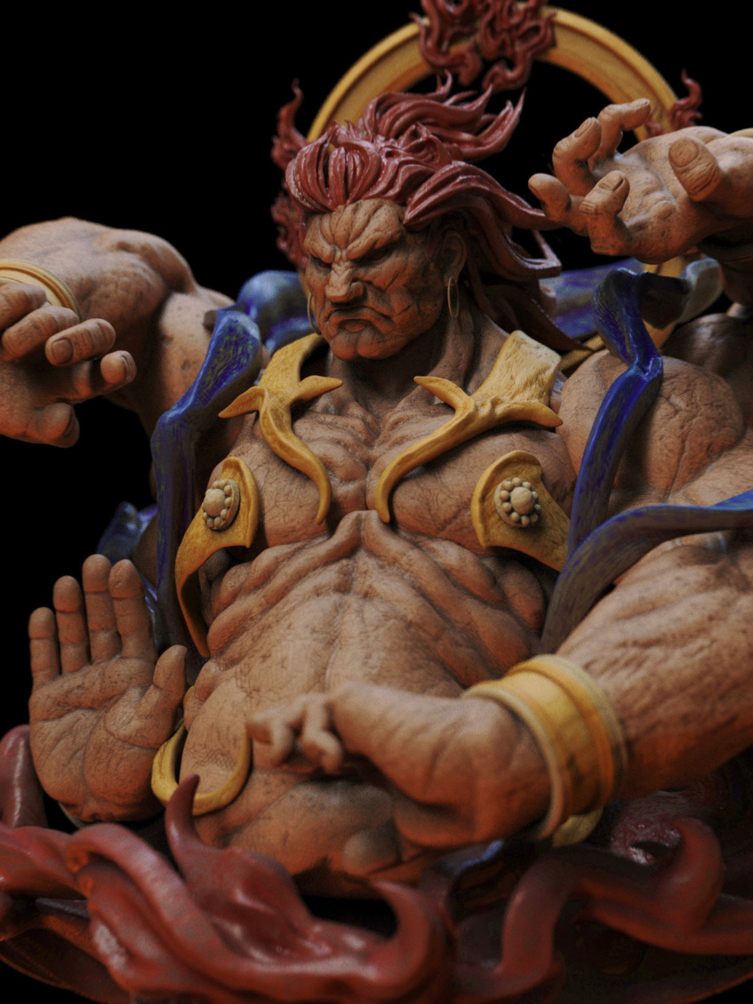 1boy 3d akuma_(street_fighter) cropped_torso extra_arms fiery_hair figure fire frown halo_behind_head highres hubai_(f_mandelbrot) large_hands looking_ahead looking_at_viewer male_focus muscular muscular_male pectorals photo_(medium) red_hair solo street_fighter three_quarter_view wrinkled_skin