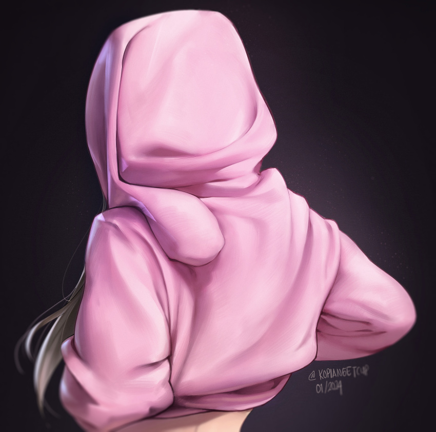 1girl absurdres artist_name black_background blonde_hair clothes_lift dated facing_away from_behind highres hood hood_up hoodie hoodie_lift kopianget lifted_by_self long_hair original pink_hoodie simple_background solo upper_body