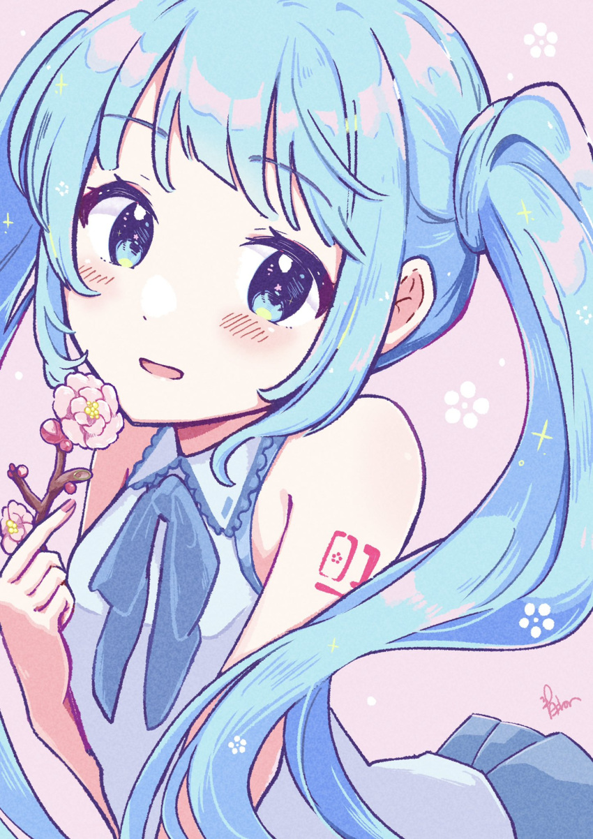 1girl :d aoiyui blue_bow blue_bowtie blue_eyes blue_hair blue_skirt blush bow bowtie branch cherry_blossoms collared_shirt dot_nose from_side hatsune_miku highres holding holding_branch long_hair looking_at_viewer number_tattoo open_mouth pink_background shirt sidelocks simple_background skirt sleeveless sleeveless_shirt smile solo tattoo twintails vocaloid white_shirt