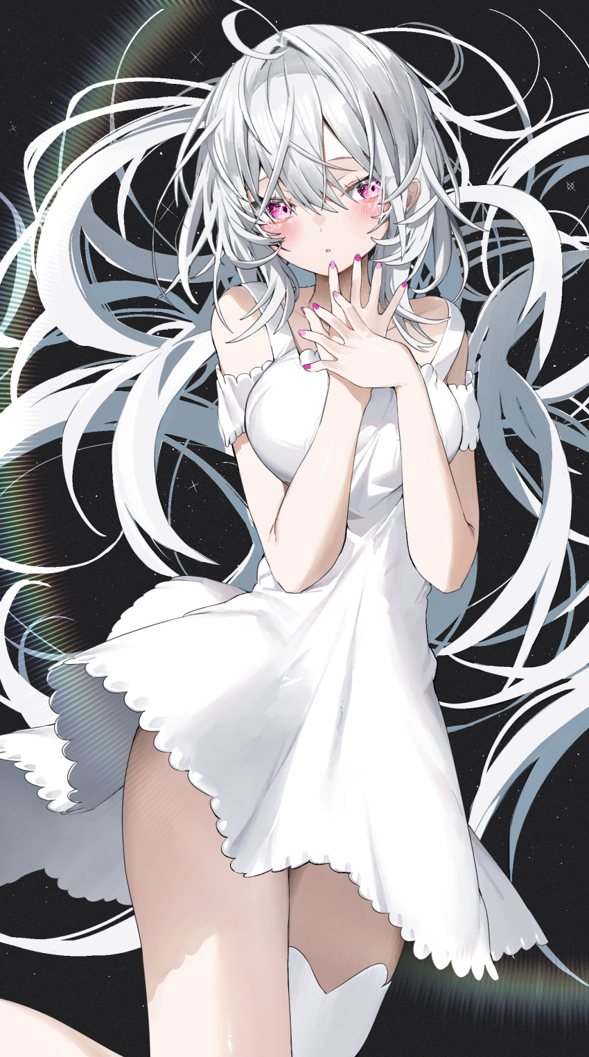 1girl :o absurdres bare_shoulders black_background blush collarbone dot_nose dress floating_hair grey_hair hair_between_eyes hair_spread_out hands_up highres kamioka_shun'ya leg_up long_hair looking_to_the_side nail_polish original own_hands_together parted_lips pink_eyes pink_nails pleated_dress shiori_(kamioka_shun'ya) short_dress sidelocks sideways_glance simple_background single_thighhigh sleeveless sleeveless_dress solo thighhighs white_dress white_thighhighs