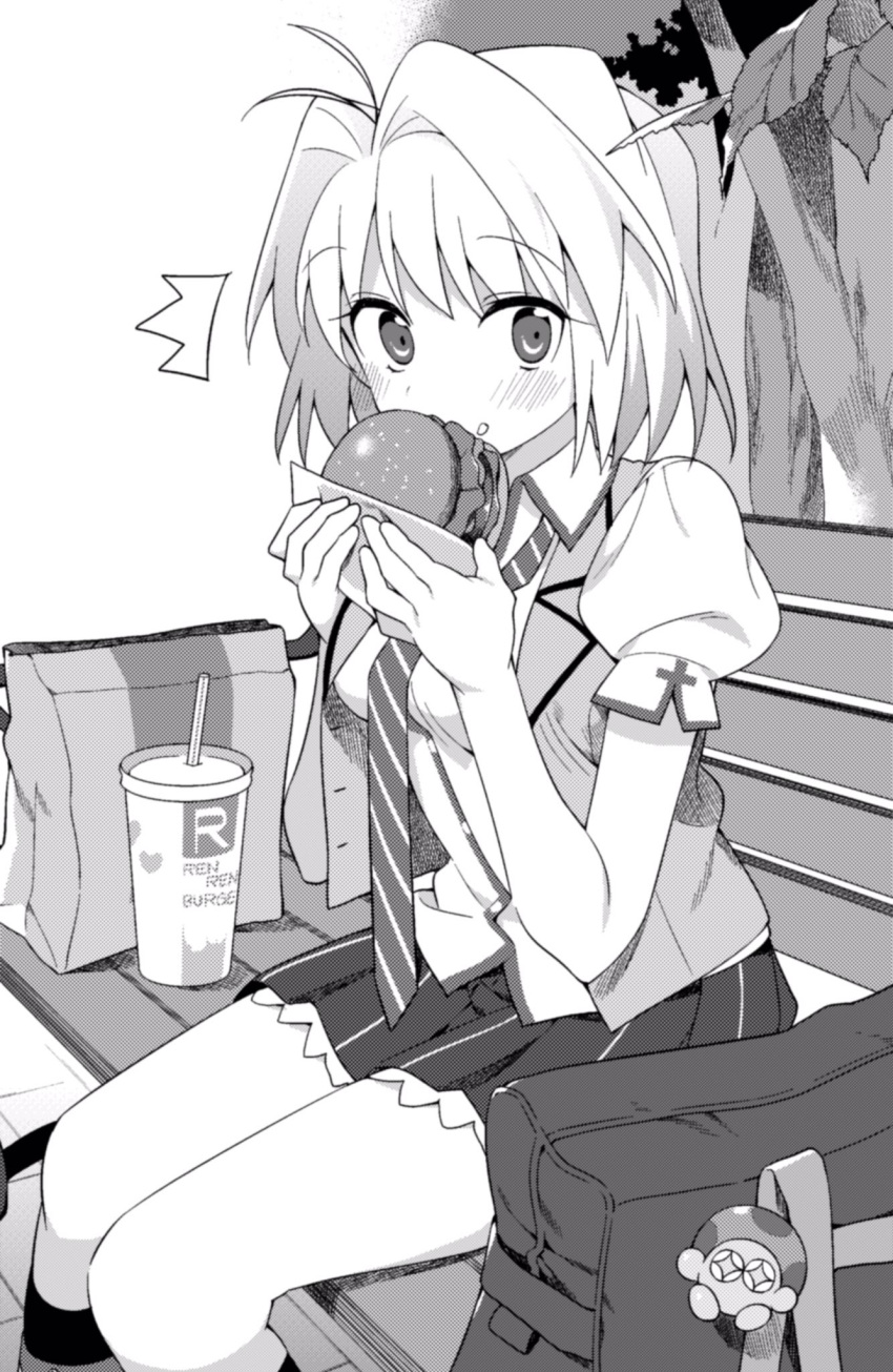 1girl ^^^ alternate_costume arcueid_brunestud bag bench blush burger character_charm charm_(object) collared_shirt cup drinking_straw eating food greyscale hanabana_tsubomi highres homurahara_academy_school_uniform looking_at_viewer monochrome mushroom nasu_kinoko necktie open_clothes open_vest outdoors paper_bag school_bag school_uniform shirt short_hair sitting skirt solo tree tsukihime type-moon vest