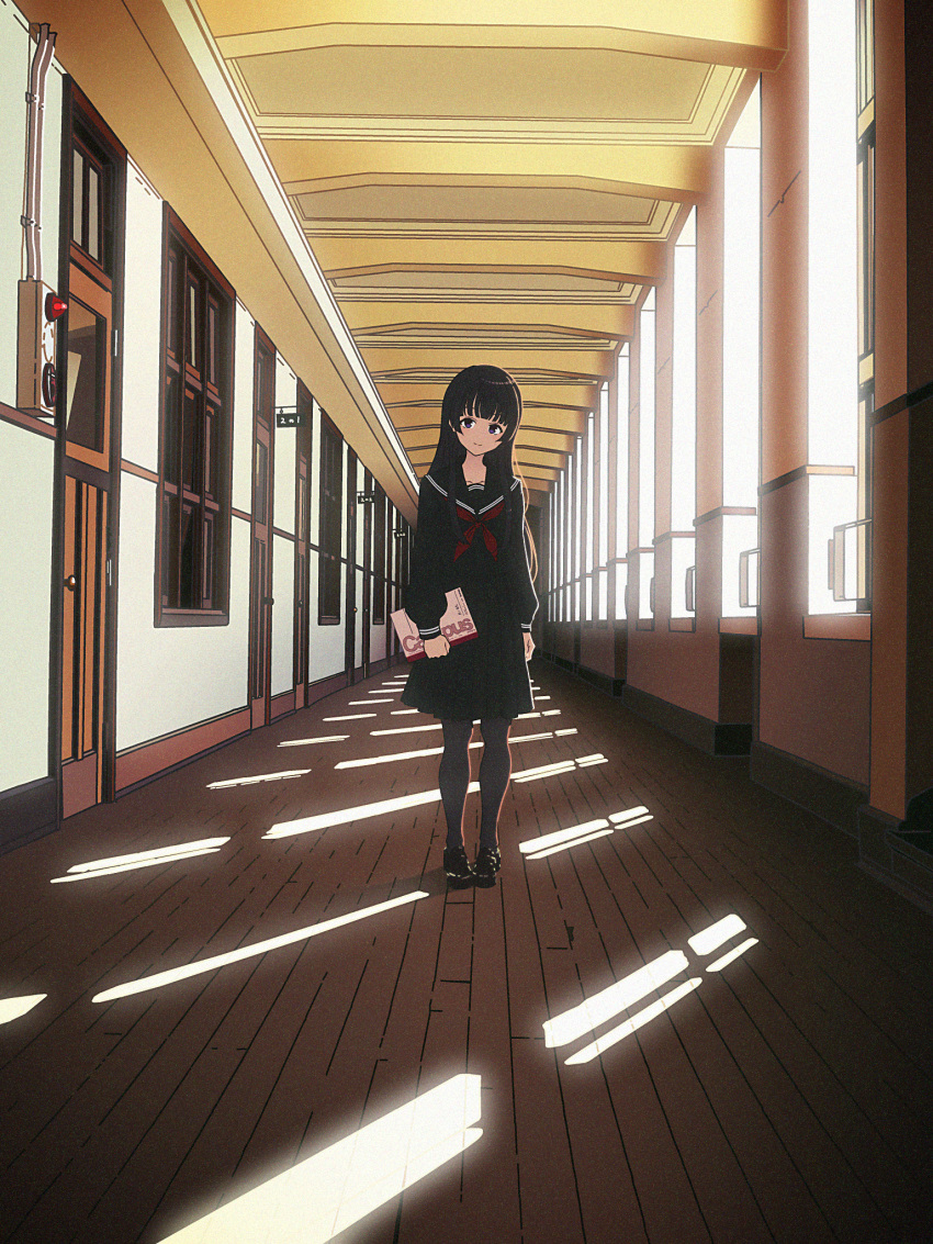 1girl black_footwear black_hair black_pantyhose black_shirt black_skirt blue_eyes blunt_bangs blunt_ends closed_mouth collar day fire_alarm full_body hallway head_tilt highres hime_cut holding holding_notebook indoors light loafers long_hair long_sleeves looking_at_viewer neckerchief nijisanji nkymyura notebook official_alternate_costume pantyhose pleated_skirt red_neckerchief sailor_collar school school_uniform shirt shoes sidelocks skirt smile solo standing straight_hair sunlight tsukino_mito tsukino_mito_(5th_costume) vanishing_point virtual_youtuber window wooden_floor