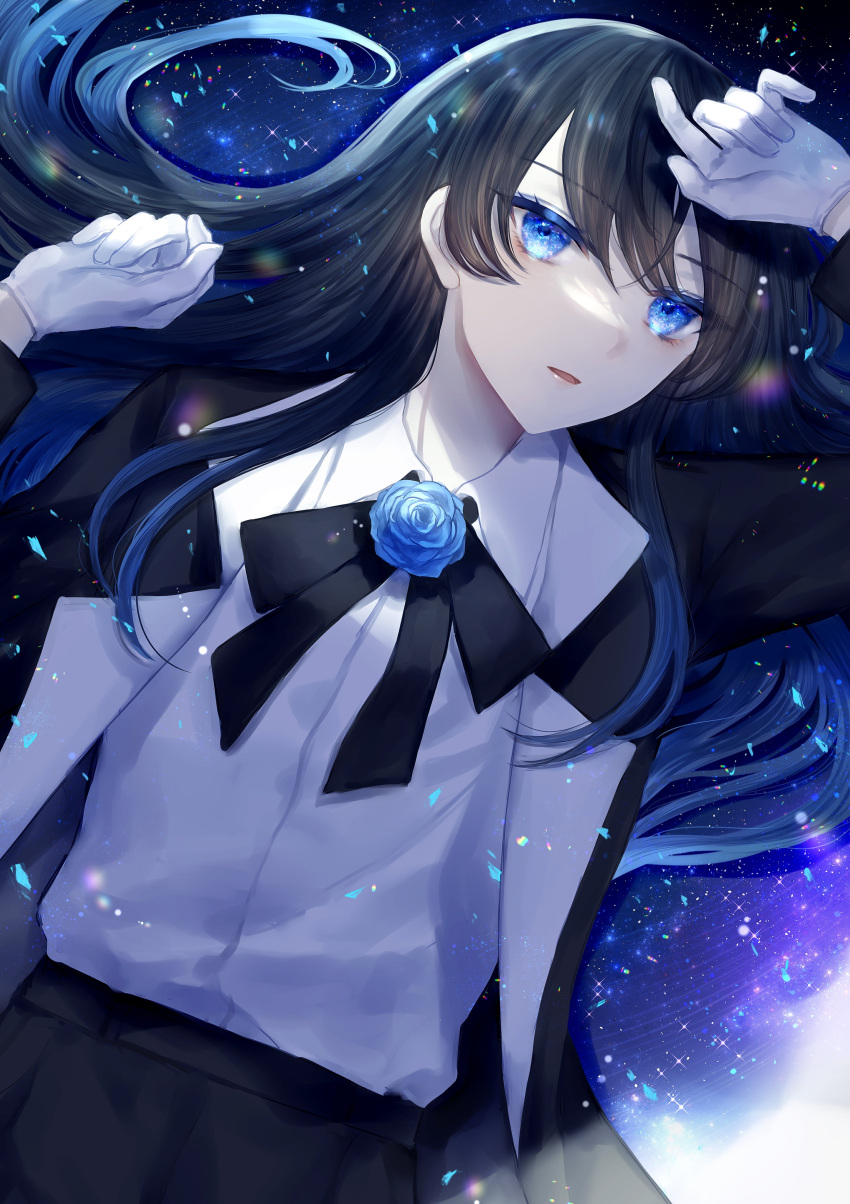 1girl absurdres ado_(utaite) black_bow black_bowtie black_coat black_hair black_pants blue_eyes blue_flower blue_rose bow bowtie chando_(ado) cloud_nine_inc coat collared_shirt commentary dress_shirt flower flower_brooch gloves hair_between_eyes hair_spread_out hashtag_only_commentary highres light_particles long_hair looking_at_viewer open_clothes open_coat pants parted_lips rose shirt shouzai_(ooo1007ooo) solo utaite white_gloves white_shirt