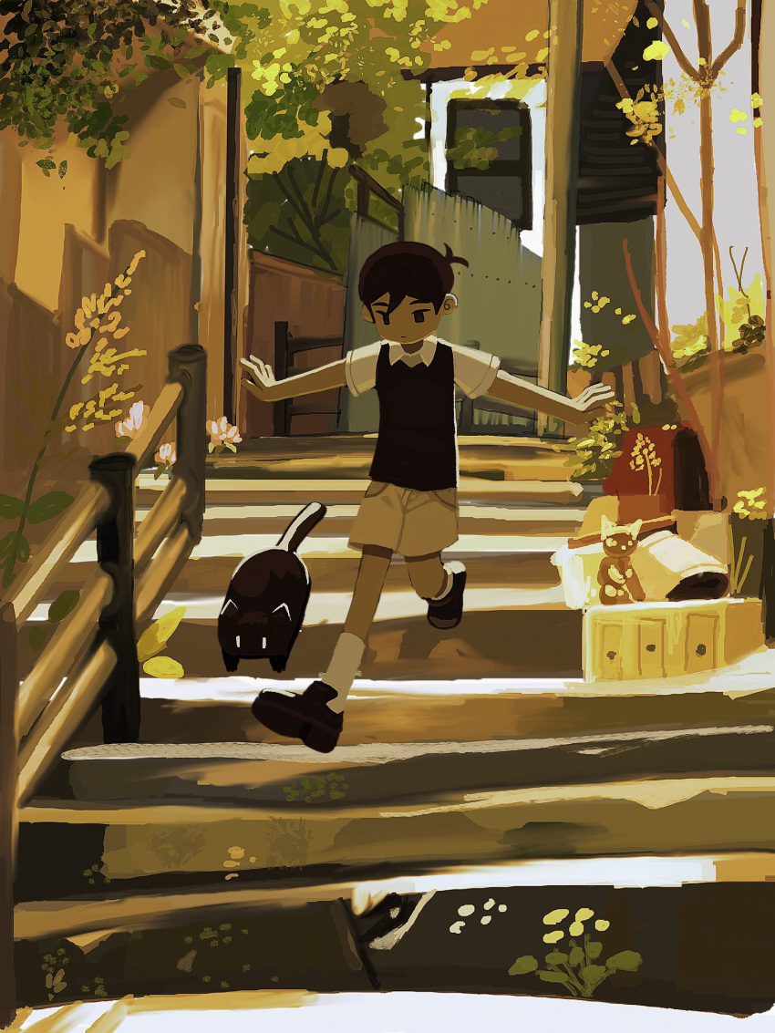 1boy ahoge black_hair black_vest candlenekra cat expressionless highres leaf looking_down male_focus omori outdoors road running shirt short_hair socks stairs street sunny_(omori) tree vest white_shirt white_socks