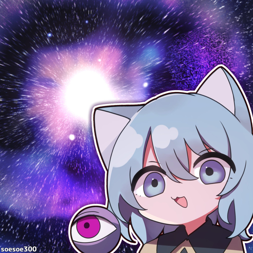 1girl animal_ears buttons cat_ears cat_girl diamond_button eyeball green_eyes green_hair highres komeiji_koishi open_mouth shirt soesoe300 solo star_(sky) third_eye touhou twitter_username universe yellow_shirt