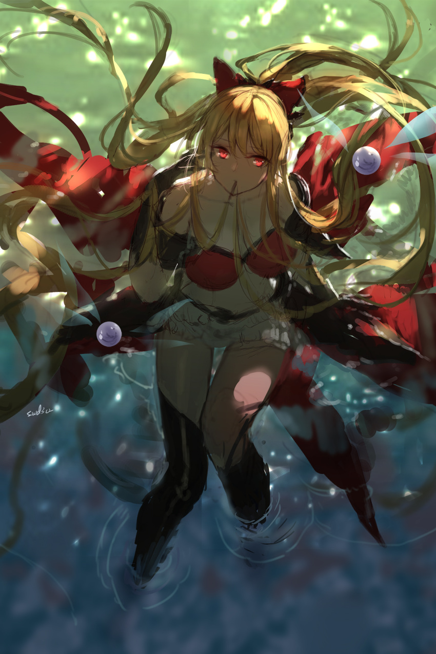 1girl black_gloves black_thighhighs blonde_hair character_request copyright_request dress from_above gloves hair_in_own_mouth highres long_hair looking_at_viewer mouth_hold red_dress red_eyes solo swd3e2 thighhighs very_long_hair wading water
